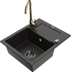 Mexen Enzo chiuvetă de bucătărie din granit cu 1 compartiment, cu scurgător și robinet Telma, negru/auriu (6506-75-670200-50-B)