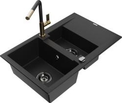 Mexen Gaspar chiuveta de granit cu 1, 5 cuve și scurgător și baterie de bucătărie Flora, neagră - 6507-77-670401-57-B (6507-77-670401-57-B)