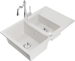 Mexen Gaspar chiuvetă de granit 1, 5 compartimentar cu picurător și baterie de bucătărie Carla, albă - 6507-20-670700-00 (6507-20-670700-00)
