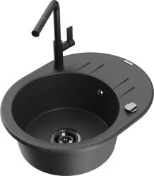 Mexen Kevin chiuvetă de bucătărie granit 1 cuvă cu scurgător și baterie de bucătărie Flora, negru stropit - 6517-76-670401-70-B (6517-76-670401-70-B)