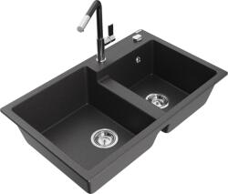 Mexen Tomas chiuvetă de bucătărie din granit cu 2 compartimente și baterie Flora, negru cu picățele - 6516-76-670401-07 (6516-76-670401-07)