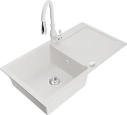 Mexen Leo chiuvetă de granit cu 1 compartiment cu scurgător și baterie de bucătărie Savita, albă - 6501-20-672601-20 (6501-20-672601-20)