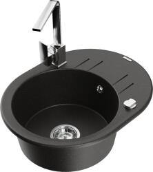 Mexen Kevin chiuvetă de bucătărie din granit cu o cuvă și picurător scurt și baterie de bucătărie Rita, negru/auriu (6517-75-670300-00)