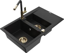 Mexen Gaspar chiuvetă de granit cu 1, 5 cuve, cu scurgător și baterie de bucătărie Flora, negru - 6507-77-670401-57-G (6507-77-670401-57-G)