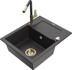 Mexen Enzo chiuveta de bucătărie din granit cu o cuvă cu scurgător și robinet Flora, negru cu puncte - 6506-76-670401-75-G (6506-76-670401-75-G)