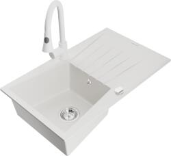 Mexen Cesar chiuvetă de granit cu 1 compartiment cu scurgător și baterie de bucătărie Elia, albă - 6514-20-670101-20 (6514-20-670101-20)