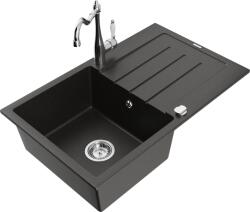 Mexen Chiuvetă granit Mexen Bruno cu 1 compartiment și scurgător, cu baterie de bucătărie Carla, negru/auriu metalizat - 6513-75-67070 (6513-75-670700-00)