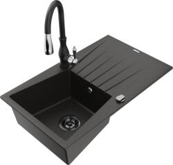 Mexen Cesar chiuvetă de granit cu o singură cuvă și scurgător și baterie de bucătărie Savita, negru/auriu metalic - 6514-75-6726 (6514-75-672601-70-B)