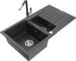 Mexen Matias chiuvetă din granit cu 1, 5 compartimente cu picurător și baterie de bucătărie Flora, negru cu pete - 6502-76-670401 (6502-76-670401-08)