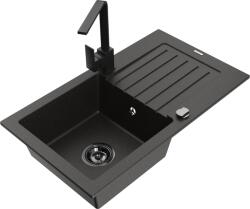 Mexen Pablo chiuvetă de bucătărie din granit cu o cuvă, cu scurgător și cu baterie de bucătărie Rita, negru/auriu (6510-75-670300-70-B)