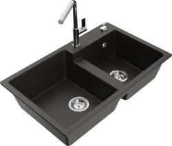 Mexen Tomas chiuvetă de granit cu 2 camere și baterie de bucătărie Flora, negru/auriu metalizat - 6516-75-670401-00 (6516-75-670401-00)