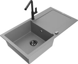 Mexen Leo chiuvetă de granit cu 1 compartiment cu scurgător și baterie de bucătărie Flora, gri - 6501-71-670401-70-B (6501-71-670401-70-B)