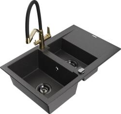 Mexen Gaspar chiuvetă de bucătărie din granit cu 1, 5 compartimente, cu scurgător și baterie Duo, negru cu picățele (6507-76-671701-57-B)