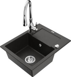 Mexen Enzo chiuvetă de granit cu 1 compartiment cu scurgător și baterie de bucătărie Savita, negru/auriu metalic (6506-75-672601-00)