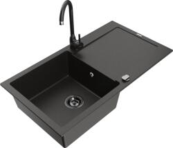 Mexen Leo chiuvetă de granit cu un compartiment, cu picurător și baterie de bucătărie Telma, Neagră/Auriu metalic - 6501-75-6702 (6501-75-670200-70-B)
