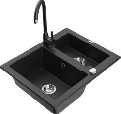 Mexen Carlos chiuvetă de granit 1, 5 camere cu robinet de bucătărie Telma, negru/auriu metalizat - 6518-75-670200-70 (6518-75-670200-70)