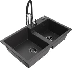Mexen Tomas chiuvetă din granit cu 2 compartimente cu baterie de bucătărie Aster, negru cu pete - 6516-76-73450-07-B (6516-76-73450-07-B)