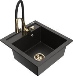 Mexen Vito chiuvetă de granit cu 1 compartiment și baterie de bucătărie Aster, negru/auriu metalic - 6503-75-73450-57-G (6503-75-73450-57-G)
