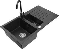 Mexen Matias chiuvetă de granit cu 1, 5 cuve cu scurgător și baterie de bucătărie Telma, negru/argintiu - 6502-73-670200-70 (6502-73-670200-70)