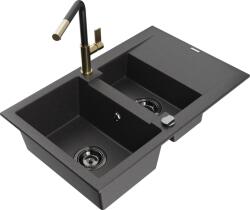 Mexen Gaspar chiuvetă de bucătărie din granit 1, 5-bazin cu scurgător și baterie Flora, negru pătat - 6507-76-670401-57-B (6507-76-670401-57-B)