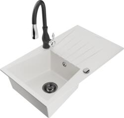Mexen Cesar chiuvetă de granit cu 1 compartiment cu scurgător și baterie de bucătărie Savita, albă - 6514-20-672601-70 (6514-20-672601-70)