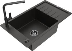 Mexen Elias chiuvetă de granit cu 1 compartiment cu picurător și baterie de bucătărie Flora, negru/auriu metalic - 6511-75-67040 (6511-75-670401-70-B)