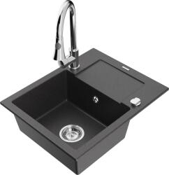 Mexen Enzo chiuvetă de granit cu 1 compartiment cu scurgător și baterie de bucătărie Elia, negru cu pete (6506-76-670101-00)