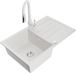 Mexen Bruno chiuvetă de bucătărie din granit cu 1 cuvă, cu picurător și baterie Savita, alb - 6513-20-672601-20 (6513-20-672601-20)