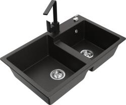 Mexen Tomas chiuvetă de bucătărie din granit cu 2 compartimente cu baterie de bucătărie Rita, negru/auriu metalic (6516-75-670300-70)