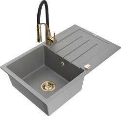 Mexen Bruno chiuvetă de granit cu 1 compartiment și scurgător, cu baterie de bucătărie Aster, gri - 6513-71-73450-57-G (6513-71-73450-57-G)
