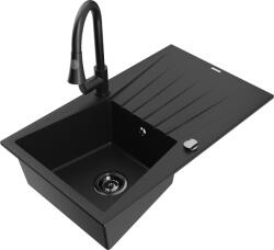Mexen Cesar chiuvetă de bucătărie din granit 1-cameră cu scurgător și baterie Elia, negru - 6514-77-670101-70-B (6514-77-670101-70-B)
