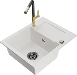 Mexen Enzo chiuvetă de granit cu 1 compartiment cu picurător și baterie de bucătărie Flora, albă - 6506-20-670401-57-B (6506-20-670401-57-B)