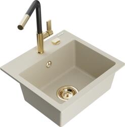 Mexen Milo chiuvetă de granit cu 1 cuvă cu baterie de bucătărie Flora, bej - 6505-69-670401-57-G (6505-69-670401-57-G)