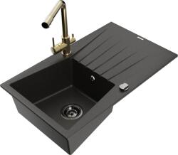 Mexen Cesar chiuvetă de granit cu 1 cuvă cu scurgător și baterie de bucătărie Duero, negru/auriu metalic (6514-75-671600-50-B)