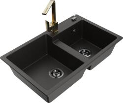 Mexen Tomas chiuvetă de granit cu 2 compartimente cu baterie de bucătărie Rita, negru/auriu metalizat - 6516-75-670300-50-B (6516-75-670300-50-B)