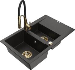 Mexen Gaspar chiuvetă din granit cu 1, 5 compartimente, cu scurgător și baterie de bucătărie Aster, neagră/auriu metalizat (6507-75-73450-57-G)