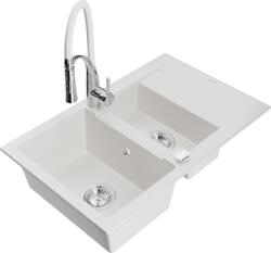 Mexen Gaspar chiuvetă de bucătărie din granit cu 1, 5 compartimente, cu scurgător și baterie de bucătărie Aster, alb (6507-20-73450-02)