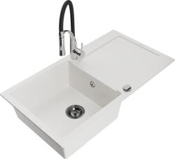 Mexen Leo chiuvetă de bucătărie din granit cu 1 cuvă, cu picurător și baterie de bucătărie Aster, alb (6501-20-73450-07-B)