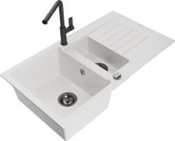 Mexen Matias chiuvetă de granit cu 1, 5 cuve cu scurgător și baterie bucătărie Flora, alb - 6502-20-670401-70-B (6502-20-670401-70-B)