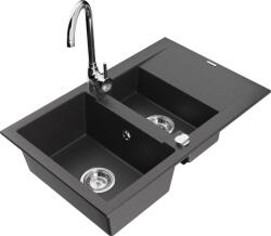 Mexen Gaspar chiuvetă de bucătărie din granit cu 1, 5 compartimente, cu scurgător și baterie Telma, negru cu stropi (6507-76-670200-00)