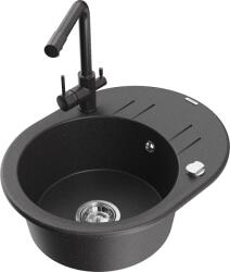 Mexen Kevin chiuvetă de granit cu 1 compartiment cu scurgător și baterie de bucătărie Duero, negru cu pete - 6517-76-671600-76 (6517-76-671600-76)
