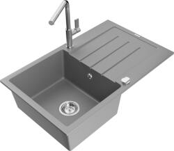 Mexen Bruno chiuvetă de granit cu 1 compartiment cu picurător și baterie de bucătărie Flora, gri - 6513-71-670401-00 (6513-71-670401-00)