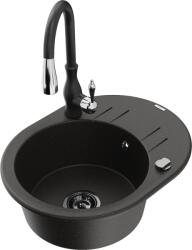 Mexen Kevin chiuvetă din granit cu 1 compartiment, cu picurător și baterie de bucătărie Savita, negru/or metallic auriu (6517-75-672601-70-B)