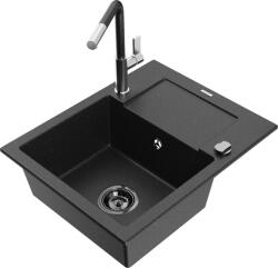 Mexen Enzo chiuvetă de bucătărie din granit cu 1 cuvă și scurgător, cu baterie Flora, negru/argintiu metalic (6506-73-670401-07-B)