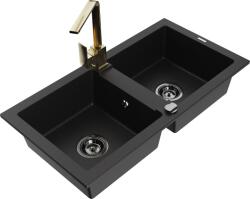 Mexen Mario chiuvetă de bucătărie din granit cu 2 cuve cu baterie de bucătărie Rita, negru - 6504-77-670300-50-B (6504-77-670300-50-B)