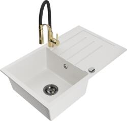 Mexen Bruno chiuvetă din granit cu 1 compartiment cu picurător și baterie de bucătărie Aster, alb - 6513-20-73450-57-B (6513-20-73450-57-B)