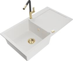 Mexen Leo chiuvetă de granit cu o cameră, cu scurgător și baterie de bucătărie Flora, alb - 6501-20-670401-57-G (6501-20-670401-57-G)