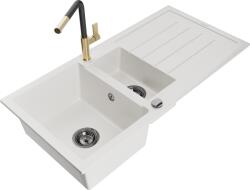 Mexen Andres chiuvetă din granit cu 1, 5 cuve cu scurgător și baterie de bucătărie Flora, albă - 6515-20-670401-57-B (6515-20-670401-57-B)