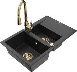Mexen Gaspar chiuvetă granit 1, 5 compartimente cu scurgător și baterie de bucătărie Savita, negru/argintiu - 6507-73-672601-50 (6507-73-672601-50)