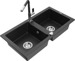 Mexen Mario chiuvetă de granit cu 2 compartimente cu baterie de bucătărie Flora, negru/argintiu metalic - 6504-73-670401-07 (6504-73-670401-07)